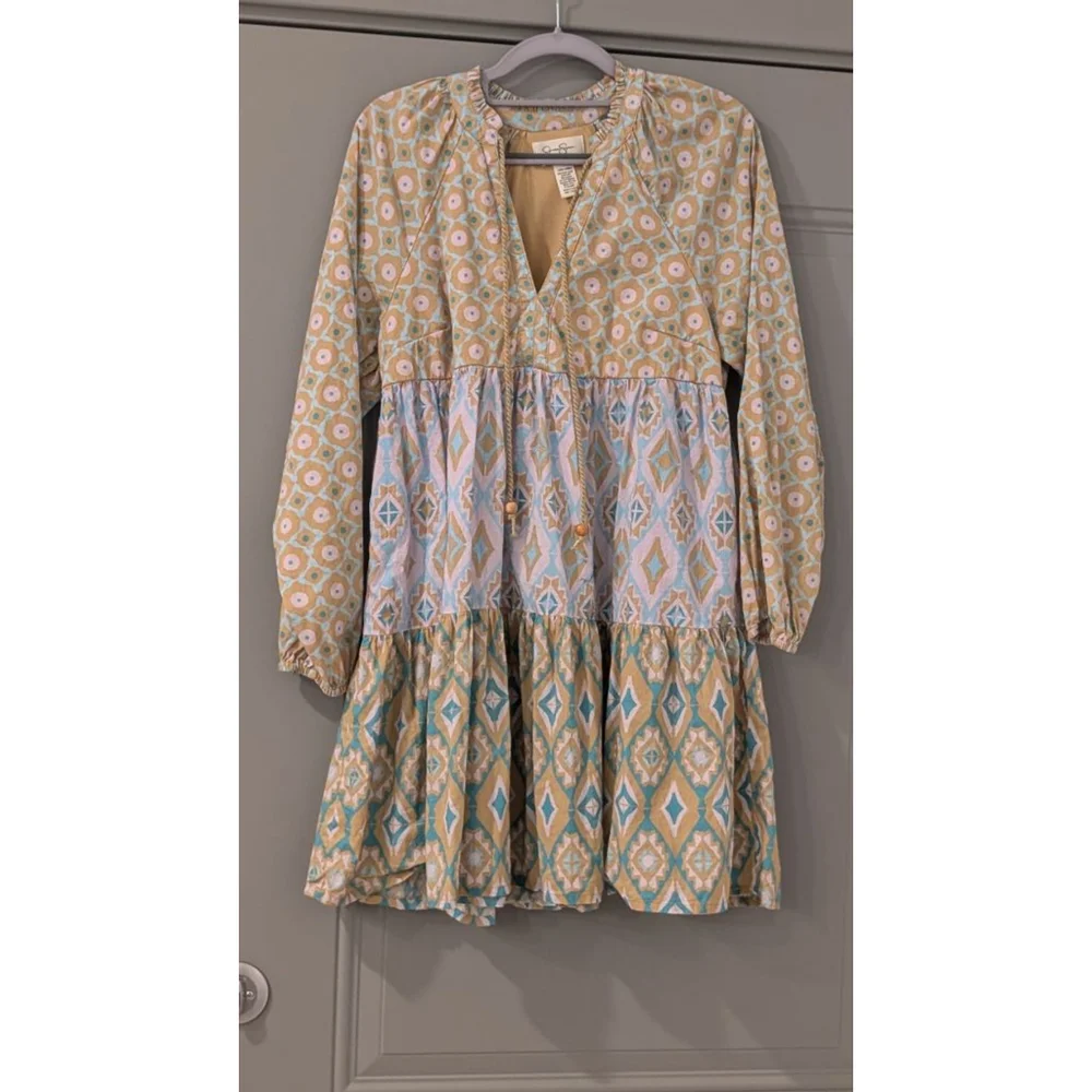 Women's Jessica Simpson Long Sleeve Dress S Gold Blue Patterned - Picture 1 of 7